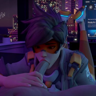 overwatch, overwatch 2, lena oxton, tracer, nightcrynsfw, 1boy, 1boy1girl, 1girl1boy, 1girls, big penis, blowjob, brown hair, clothed female, clothed female nude male, eyewear