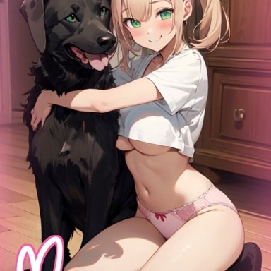 joachim, pixai, 1girls, big breasts, blonde hair, blush, canine, green eyes, hugging, kneeling, love, panties, pink panties, romantic couple, smile