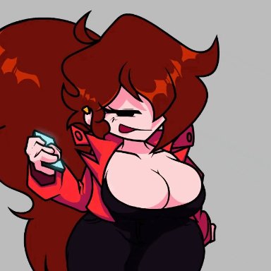friday night funkin, girlfriend (friday night funkin), mikulazo chan, big breasts, breast reveal, brown hair, busty, earring, gyat, hair over one eye, mostly clothed, phone, red heels, skimpy clothes, smirk