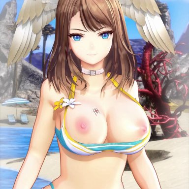 nintendo, xenoblade (series), xenoblade chronicles 3, eunie (xenoblade), blobcg, 1girls, areolae, bikini, blue eyes, bouncing breasts, breasts, breasts out, brown hair, cleavage, female