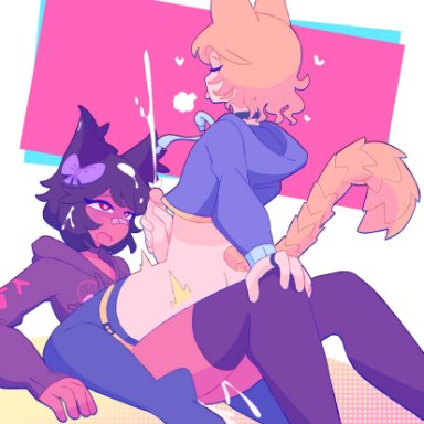 amaruu, 2boys, abstract background, anal, anal penetration, anal sex, bandaid, bandaid on nose, black hair, bow, cat ears, catboy, choker, clothed, cowgirl position