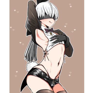 nier, nier: automata, yorha 9s, unlila, 1boy, blindfold, bulge, bunny costume, bunny ears, clothing, femboy, light skin, light-skinned male, male, male focus