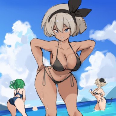 game freak, nintendo, one-punch man, original, pokemon, pokemon ss, bea (pokemon), original character, susan (rakeemspoon), tatsumaki, rakeemspoon, 3girls, bikini, breasts, brown skin