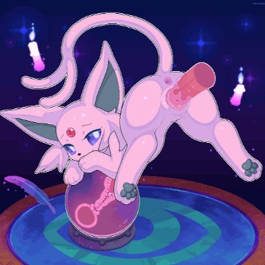 nintendo, pokemon, eeveelution, espeon, generation 2 pokemon, pokemon (species), camotli, anus, bodily fluids, candle, cervical contact, closed eyes, crystal ball, cum, cum in pussy