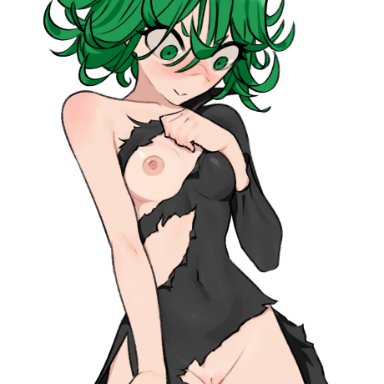 one-punch man, patreon, tatsumaki, gurumo, 1girls, female, female only, green eyes, green hair, nipples, pussy, solo, torn clothes, white background