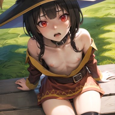 megumin, ap2-ai-artist, breasts, brown hair, dress, female, flat chest, from above, medium hair, nipple slip, nipples, red eyes, small breasts, witch hat, ai generated