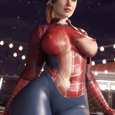 marvel, spider-man (ps4), spider-man (series), mary jane watson, spider-man (cosplay), apone3d, 1girls, big breasts, bodypaint, breasts, breasts out, earrings, erect nipples, female, female only