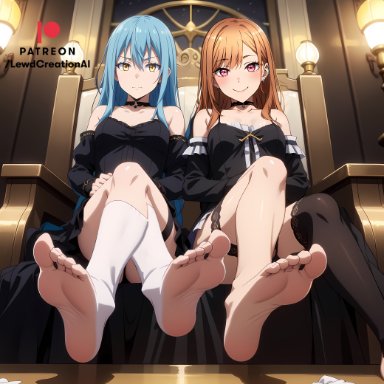 sono bisque doll wa koi wo suru, kitagawa marin, rimuru tempest, lewdcreationsai, 2girls, blue hair, crossed legs, dominant, dominant female, feet, feet up, fetish, foot fetish, foot focus, from below