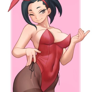 my hero academia, momo yaoyorozu, lentiyay, 1girls, black eyes, black hair, bunny ears, bunny ears (cosmetic), bunnysuit, female, female only, looking at viewer, pantyhose, smiling, smiling at viewer