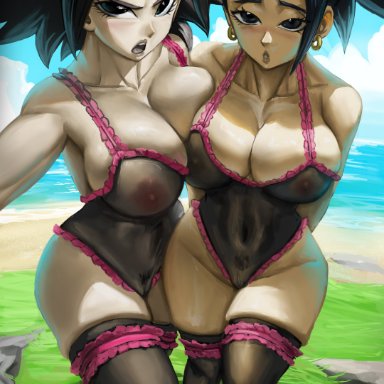 dragon ball, dragon ball super, caulifla, kale, elitenappa, 2girls, big breasts, black hair, breast press, breasts, clothing, ear piercing, earrings, female, female only