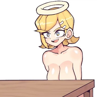 original, oc, original character, dice coffeedox, 1girl, 5 fingers, angel, background, blonde, blonde female, blonde hair, blonde hair female, boobs, breasts, desk