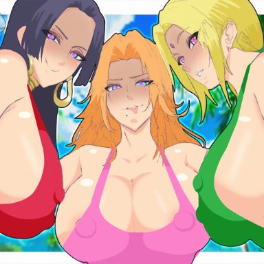 bleach, naruto, naruto (series), naruto shippuden, one piece, shounen jump, boa hancock, matsumoto rangiku, tsunade, mikleodeus, 3girls, almost naked, beach, big breasts, bikini