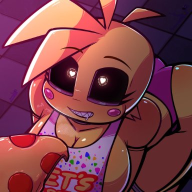 five nights at freddy's, five nights at freddy's 2, purple guy (fnaf), toy chica (fnaf), crossxvii, animatronic, ass, bib, blush, breasts, breath, cleavage, drooling, food, heart-shaped pupils