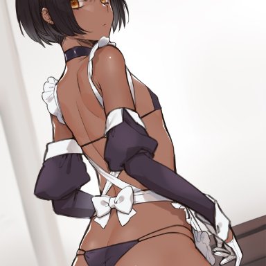 original, tawapo, 1boy, apron, ass, back, bare shoulders, bikini, black bikini, black hair, bob cut, brown eyes, bulge, choker, crossdressing