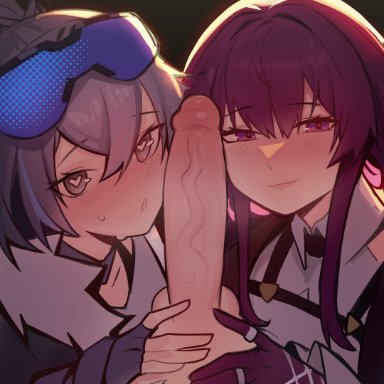 honkai: star rail, caelus (honkai: star rail), kafka (honkai: star rail), silver wolf (honkai: star rail), ninra, 1boy, 2girls, big penis, blush, fingerless gloves, gloves, heart-shaped pupils, looking at viewer, open mouth, penis