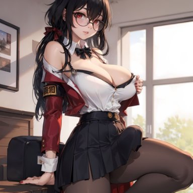 azur lane, taihou (azur lane), puffyart, 1futa, big breasts, big bulge, breasts, bulge, bulge through clothing, dickgirl, erection, futa only, futanari, glasses, huge breasts