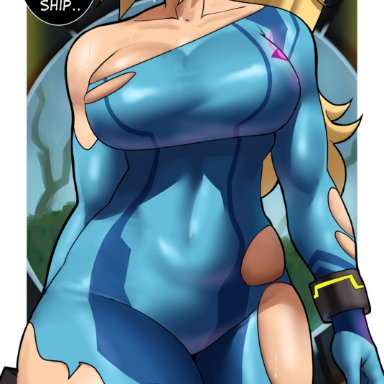 metroid, nintendo, samus aran, echosaber, 1female, 1girls, 1male, big breasts, blonde hair, blue eyes, breasts, female, light-skinned female, long hair, thick thighs