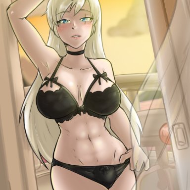 rwby, weiss schnee, nayaase beleguii, armpits, big breasts, biting lip, black lingerie, blue eyes, breasts, defined muscles, large breasts, light background, long hair, scar, sunset