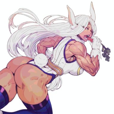 my hero academia, miruko, rumi usagiyama, mdcj77, ass, ass focus, back muscles, bunny ears, bunny girl, bunny tail, carrot, eating, lagomorph, muscular, muscular female