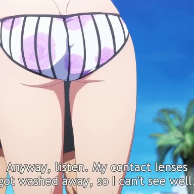 go-toubun no hanayome, nakano miku, nakano nino, uesugi fuutarou, 1boy, 2girls, ass, ass shake, bikini, bikini skirt, black hair, black ribbon, black shorts, blue bikini, blue eyes