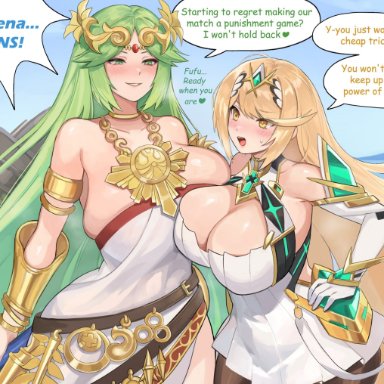 kid icarus, kid icarus uprising, nintendo, super smash bros., super smash bros. ultimate, xenoblade (series), xenoblade chronicles 2, mythra, palutena, norza, 2girls, breasts, female, hips, huge breasts