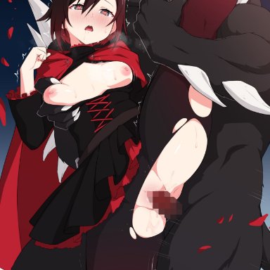 rwby, grimm (rwby), ruby rose, unsfrau, black hair, breasts, cape, cloak, clothed sex, corset, deep skin, dress, female, grabbing, grabbing another's breast