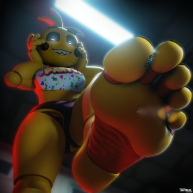 five nights at freddy's, fnaf, chica (fnaf), gregory (fnaf), toy chica (fnaf), vanessa (fnaf), bantoras, 1girls, animatronic, animatronic female, animatronic girl, big feet, big soles, black toenail polish, black toenails