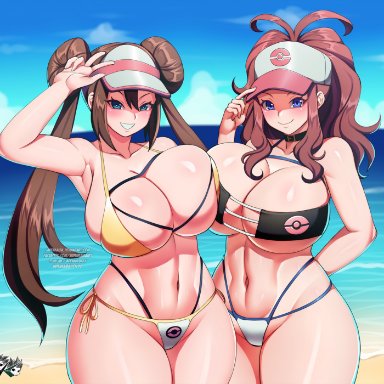 nintendo, pokemon, pokemon bw, pokemon bw2, hilda (pokemon), rosa (pokemon), jadenkaiba, 2girls, aged up, alternate breast size, beach, belly, belly button, big breasts, bikini