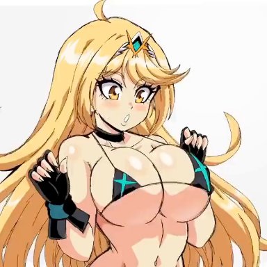 monolith soft, nintendo, xenoblade (series), xenoblade chronicles 2, mythra, lewdamone, saku ushi, 1girls, bikini, blonde hair, boing, bouncing breasts, breasts, female, gold eyes