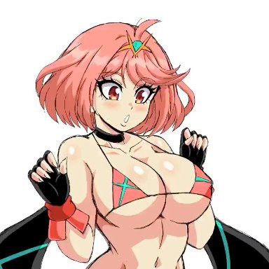 monolith soft, nintendo, xenoblade (series), xenoblade chronicles 2, pyra, jellyfishjubilee, lewdamone, 1girls, bangs, bikini, bouncing breasts, breasts, female, huge breasts, red eyes