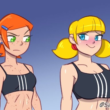 ben 10, inspector gadget, gwen tennyson, penny gadget, samson 00, samsonart, 2girls, big breasts, blonde hair, blue eyes, breasts, busty, crop top, female, female focus