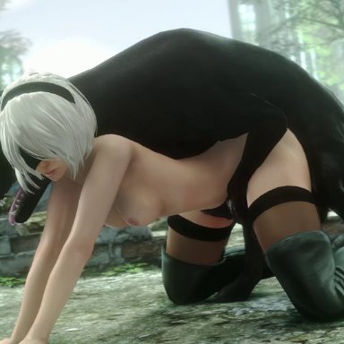 nier, nier (series), nier: automata, yorha 2b, noname55, 1boy, all fours, black boots, blindfold, breasts, canine, canine on human, moaning, nude, thigh boots