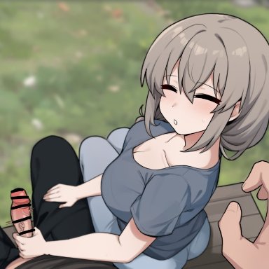 uzaki-chan wa asobitai!, uzaki tsuki, jorin, 1boy, 1girls, cleavage, female, hand on thigh, handjob, light skin, light-skinned female, light-skinned male, looking at viewer, male pov, milf