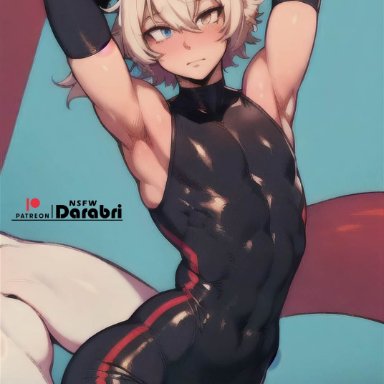 patreon, darabri, 1boy, abstract background, arched back, armpits, arms behind head, arms up, blue eyes, blush, cute, dog ears, femboy, feminine, feminine male