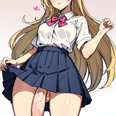 patreon, gamarjobson, blonde hair, futa only, futanari, green eyes, pink background, school uniform, schoolgirl, trap, ai generated, hi res, patreon username, twitter username