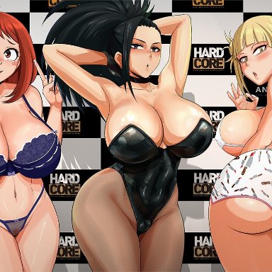 my hero academia, himiko toga, momo yaoyorozu, ochako uraraka, krabby (artist), 3girls, ass, black eyes, black hair, blonde hair, breasts, brown eyes, brown hair, dat ass, female