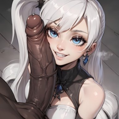 rwby, weiss schnee, puffyart, 1boy1girl, big penis, blue eyes, cheating, cheating girlfriend, clothed, clothed female nude male, dark skin, dark-skinned male, dress, earrings, facejob