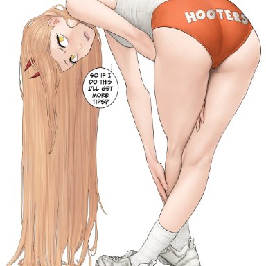 chainsaw man, hooters, power (chainsaw man), dismaiden, ass, bent over, blonde hair, booty shorts, clothing, dat ass, demon, demon girl, demon horns, from behind, hooters uniform