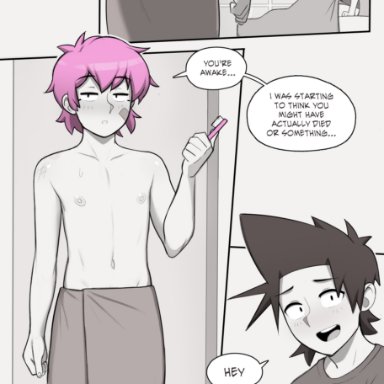 jacob (dross), taylor (dross), dross, 2boys, bed, belly, belly button, black hair, comic page, femboy, gay, hotel, hotel room, light skin, light-skinned male