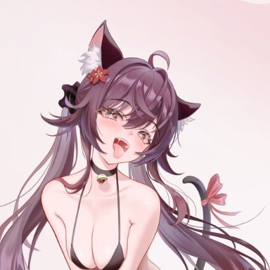 genshin impact, hu tao (genshin impact), ttaki, bikini, breasts, brown hair, cat ears, cat tail, catgirl, choker, cleavage, female, female only, looking at viewer, naughty face