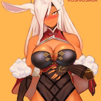 genshin impact, my hero academia, beidou (genshin impact), miruko, rumi usagiyama, koshio, 1girls, abs, alcohol, big breasts, blush, breasts, cleavage, cosplay, dark skin