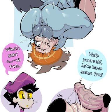 hatgirl (toonguy100), lotus (phosmethyst), spooky (shojs), toonguy100, 1girls, 2futas, anus, asphyxiation, ass, back, balls, big ass, big balls, big breasts, blue body