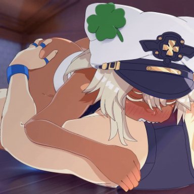 guilty gear, ramlethal valentine, sin kiske, amplected, 1boy, 1girls, big ass, bite, biting, blush, blushing, brown skin, cowgirl position, curvy, dark skin