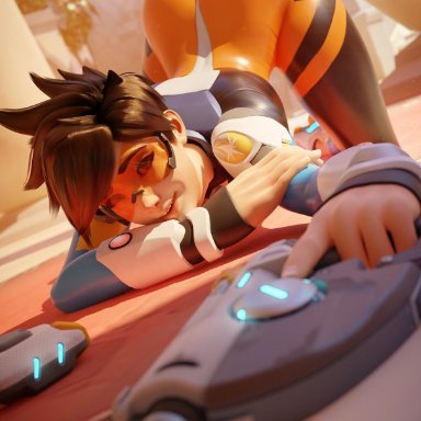 blizzard entertainment, overwatch, overwatch 2, lena oxton, tracer, fireboxstudio, 1girls, ass, ass focus, ass grab, ass up, british, british female, brown eyebrows, brown eyes