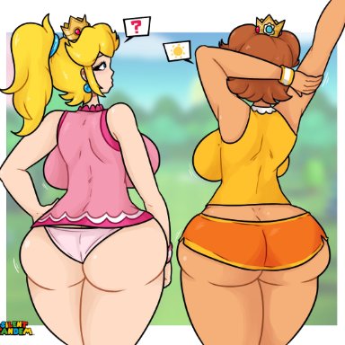 mario (series), mario tennis, nintendo, princess daisy, princess peach, silenttandem, 2girls, armpits, arms up, ass, back view, blonde hair, blurry background, breasts, brown hair