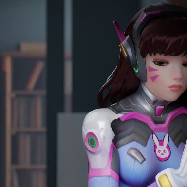 overwatch, angela ziegler, d.va, d.va (cosplay), hana song, mercy, aphy3d, pixiewillow, alternate costume, big penis, blonde hair, blowjob, blue eyes, clothed female nude male, cum