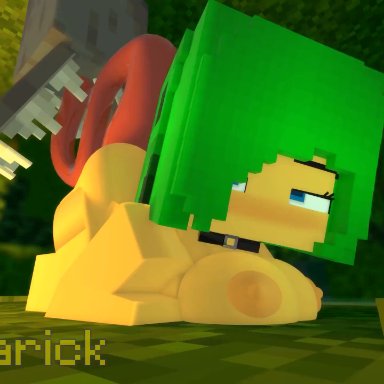 minecraft, evoker (minecraft), lou (pearickmc), pearickmc, all the way through, ambiguous penetration, blue eyes, choker, green hair, nude, nude female, tentacle, tentacle penetration, tentacle sex, tongue