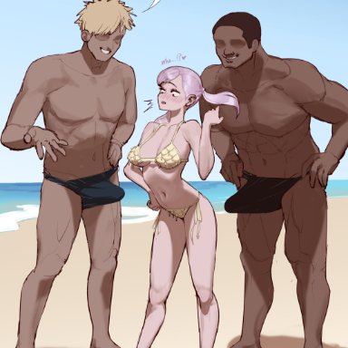 black clover, noelle silva, wjs07, 1girls, 2boys, beach, big breasts, bikini, blush, breasts, dark skin, dark-skinned male, erection, erection under clothes, large breasts