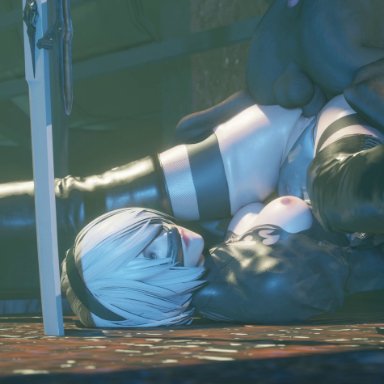 nier, nier (series), nier: automata, yorha 2b, blueberg, 1girls, bestiality, black legwear, blindfold removed, boots, breasts, breasts out, canine on human, canine penis, hairband