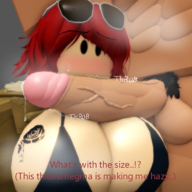 entry point, roblox, robloxian, rose (entry point), neppyyyy, 1boy, 1girls, big penis, black bra, cock hungry, cock worship, glasses on head, red hair, rose tattoo, tattoo on breast